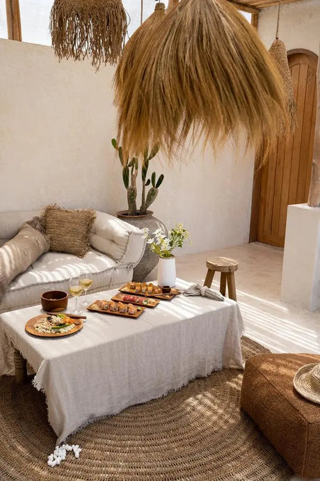 Transform your dining area with this versatile, machine washable 100% linen tablecloth in beige, perfect for modern home decor
