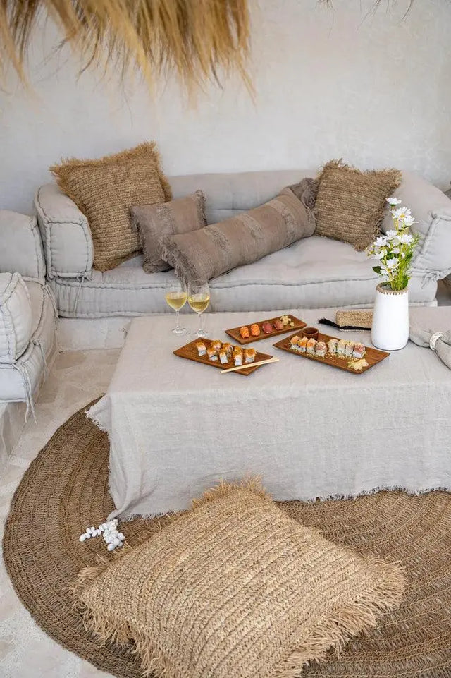 Add a sophisticated touch to your modern dining space with this beige linen tablecloth, designed for both style and functionality