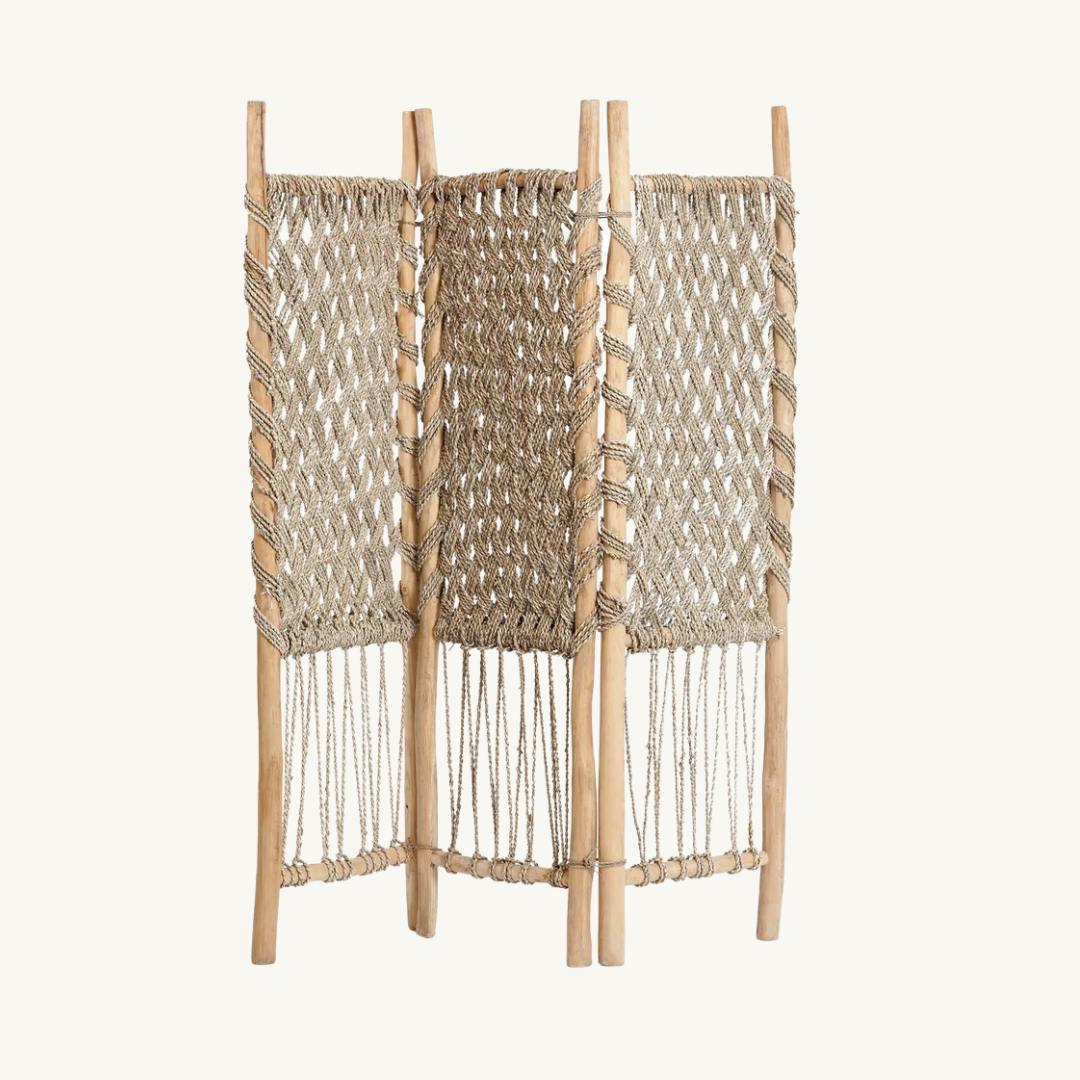 Natural Teak Wood & Seagrass Room Divider – Elegant Space Solution