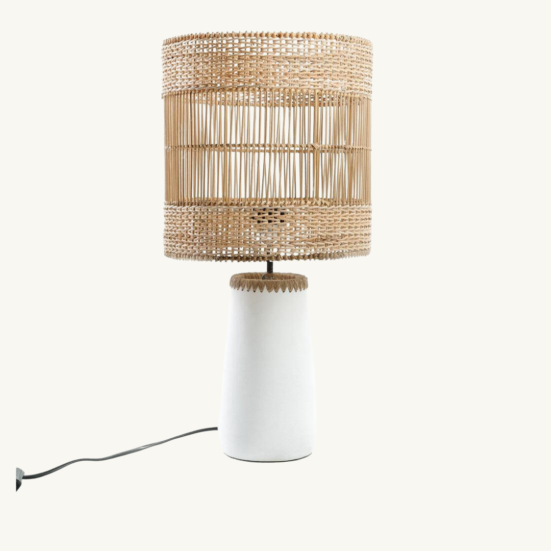 Kiska White Table Lamp – Sleek Terracotta Lamp with Raffia & Rattan Details