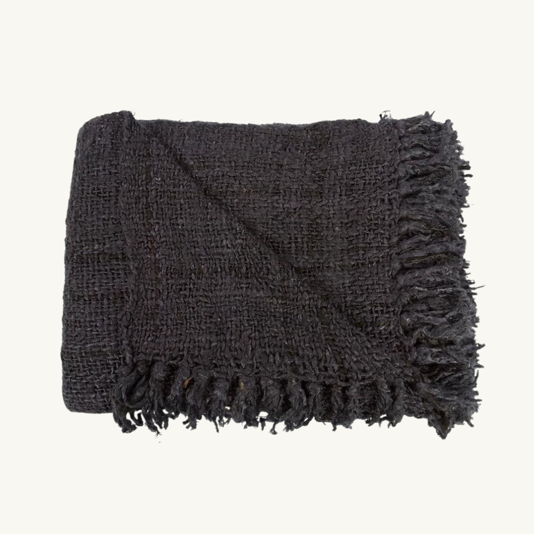 Black Cotton Throw with Tassels - Handwoven Modern Blanket