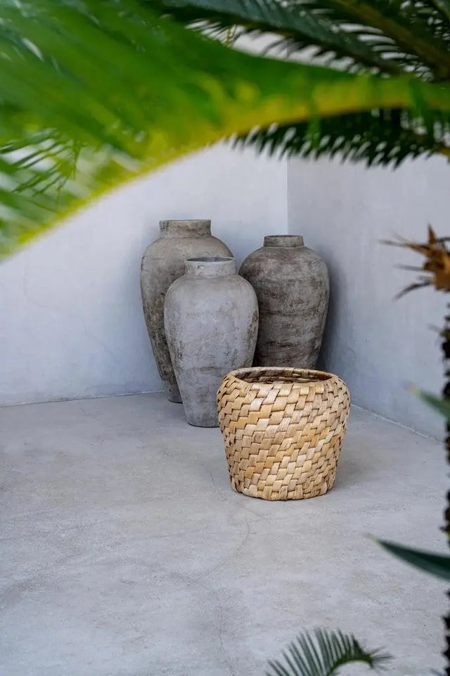 Close-up of the Chidi Basket, highlighting the unique diagonal weave pattern crafted from sustainable banana leaf and water hyacinth.