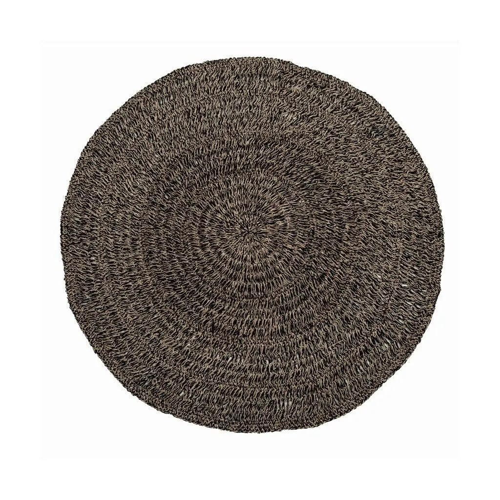 Circular Seagrass Carpet in natural black with raffia and sisal, 150 cm, perfect for adding texture and style to kitchens, living rooms, or terraces.