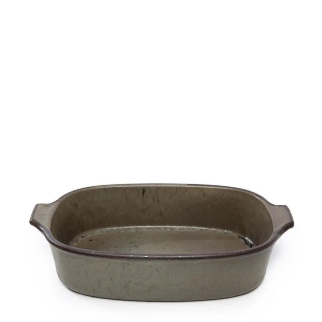 Comporta Collection Green Ceramic Baking Dish on a dining table, perfect for serving and presenting meals