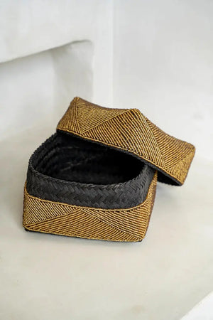 Traditional Balinese Bead Offering Boxes, handcrafted with bamboo and beads, ideal for modern home decor with a cultural twist