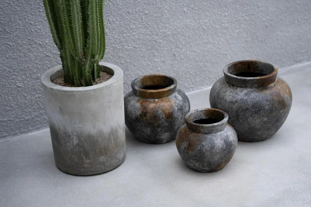 Funky large terracotta vase in antique grey, perfect for coastal and rustic home decor styles