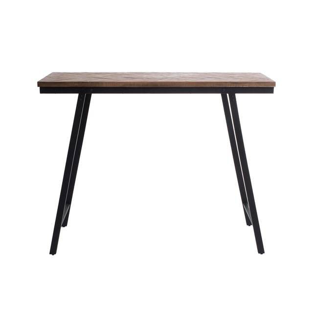 Elegant teakwood dining table with herringbone pattern and black iron frame, ideal for family meals or entertaining guests in any setting.