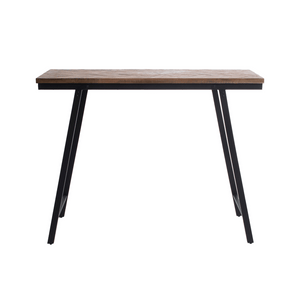Elegant teakwood dining table with herringbone pattern and black iron frame, ideal for family meals or entertaining guests in any setting.