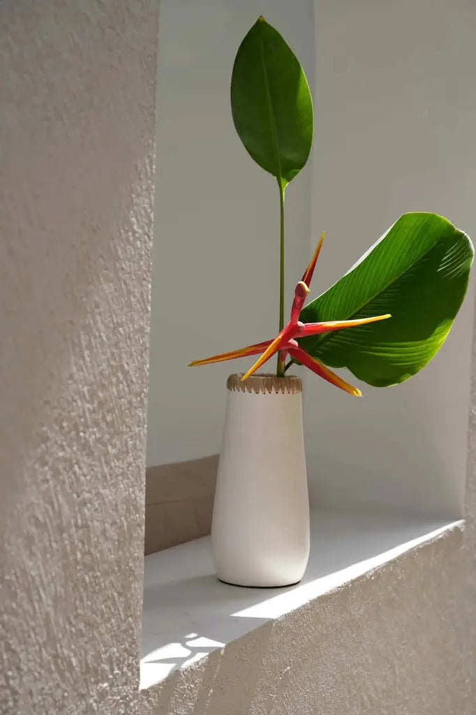 This Large Sneaky Vase, made from natural white terracotta and accented with raffia, fits beautifully in small spaces while showcasing dried flowers