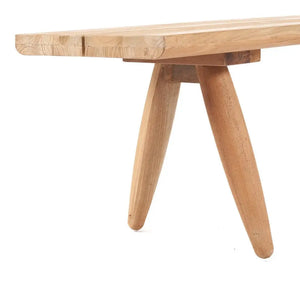 Top view of the Matita Bench, highlighting the eco-friendly upcycled teak wood and its distinctive curved design. Perfect for a stylish and sustainable addition to any home.