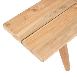 The Matita Bench shown in an indoor setting, demonstrating its versatility for various spaces. Perfect for bedrooms, hallways, and covered outdoor areas. Made from eco-conscious upcycled teak wood.