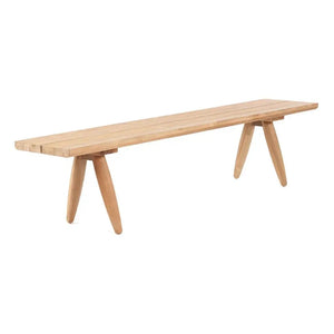 The Matita Bench displaying its warm natural feel, with upcycled teak wood providing durability and character. Dimensions: 190 cm (L), 45 cm (H), 40 cm (W). A sustainable and modern addition to any home.