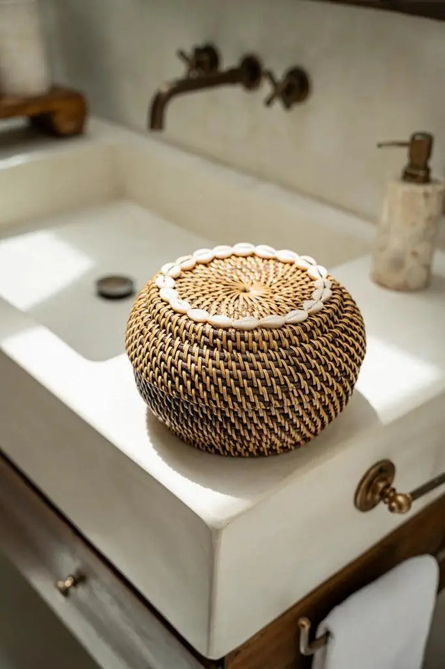 A close-up view showcasing the intricate cowrie shell embellishments on the Colonial Peek-a-Boo Rattan Basket, adding a sophisticated touch to its rustic design.