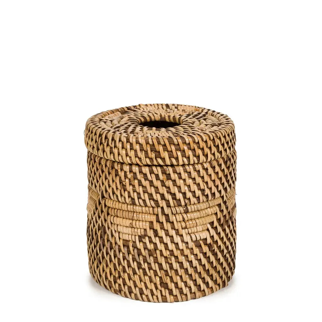 Colonial Handwoven Rattan Tissue Holder placed on a bathroom countertop, adding practical elegance to the space.