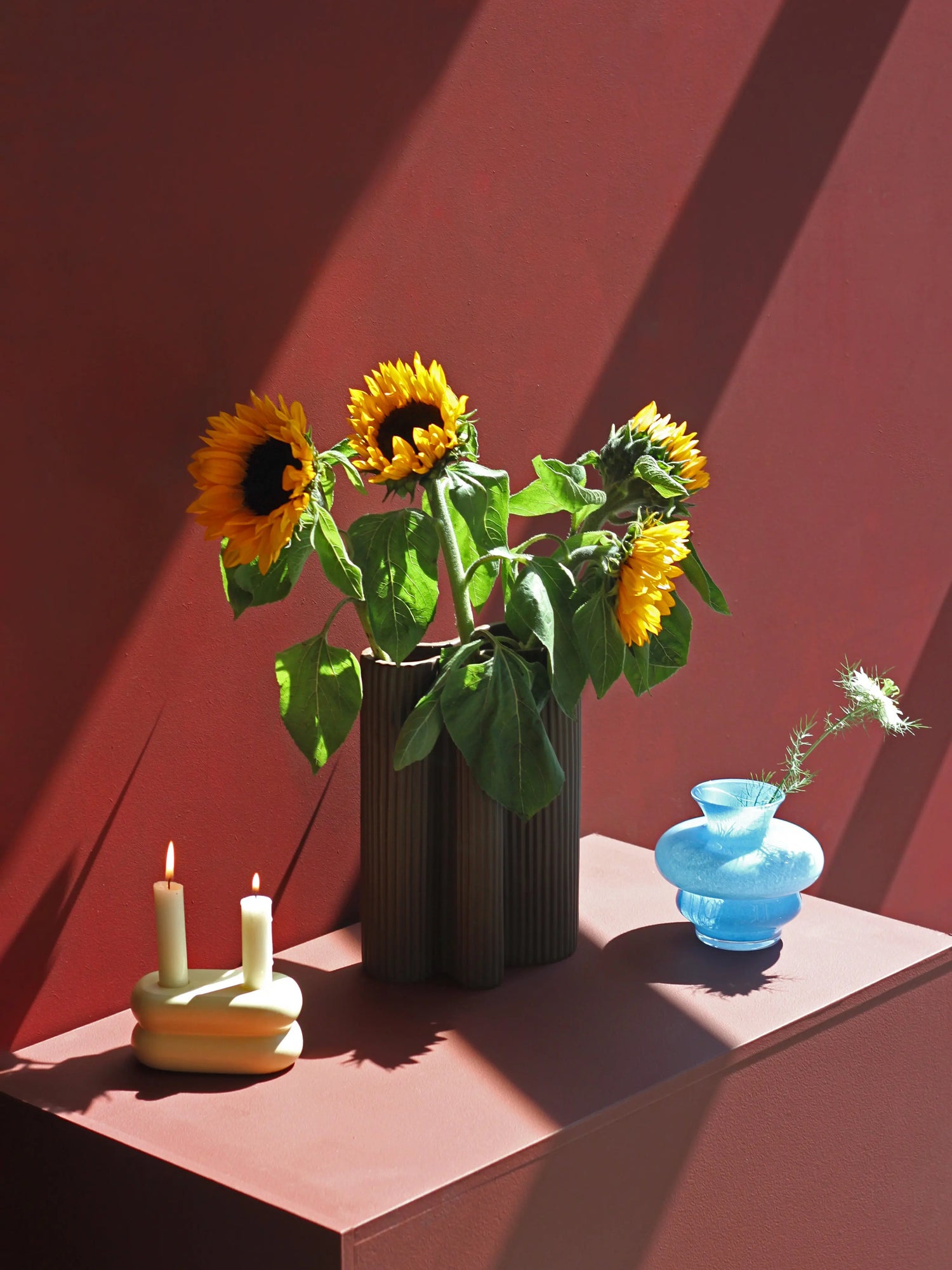 Elegant matte pastel yellow ceramic candlestick, 13 cm wide, with a modern, playful aesthetic