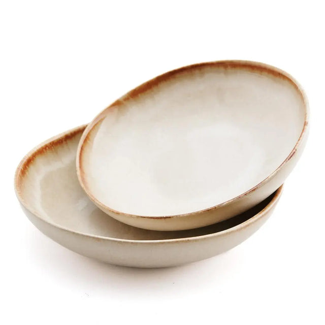 Set of 6 handcrafted Cascais bowls from Portugal, with a modern white ceramic finish and elegant yellow accents