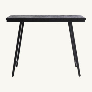 Elegant teakwood dining table featuring a sophisticated herringbone pattern, supported by a sturdy black iron frame, perfect for modern dining rooms.