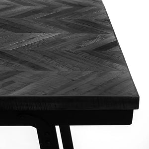 Spacious teakwood dining table featuring a beautiful herringbone pattern, ideal for large gatherings with its generous 140 cm length and sturdy black iron frame.
