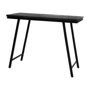 Eco-friendly teakwood dining table with a timeless herringbone design and robust black iron frame, offering both beauty and durability