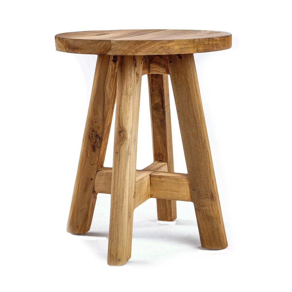 Handcrafted Atziri Teak Wood Stool, natural finish, sustainable design, perfect for indoor or covered outdoor spaces.