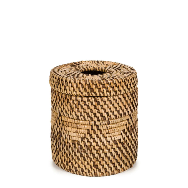Colonial Handwoven Rattan Tissue Holder placed on a bathroom countertop, adding practical elegance to the space.