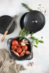 Black Burnt Terracotta Serving Pot with Lid - Elegant Tableware