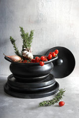 Black Burnt Terracotta Serving Pot with Lid – Elegant Oval Tableware