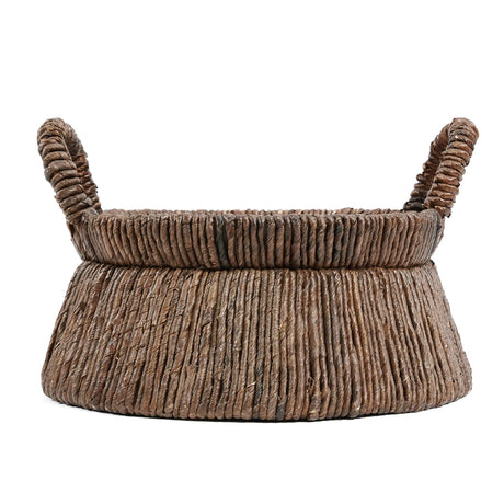 Chizara Mand Basket handwoven from natural banana leaf with a triangular design, featuring dark brown accents and convenient side handles.