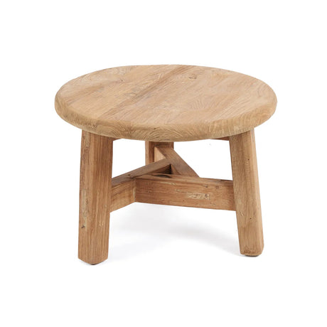 Set of coffee tables crafted from recycled teak wood, featuring a rustic natural finish and space-saving nesting design for stylish versatility.