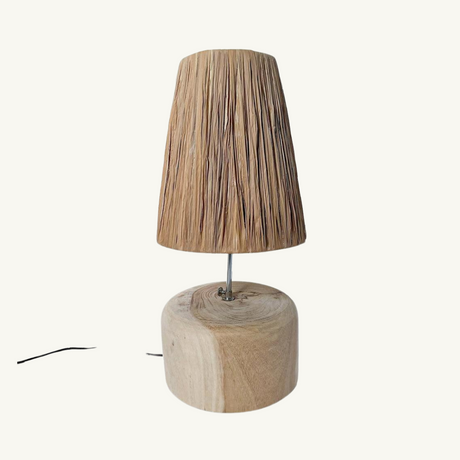 De Grass Teak Wood Table Lamp with a seagrass base, combining natural materials for a sophisticated, modern design