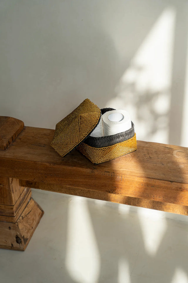 Intricate beadwork on handcrafted Balinese Offering Boxes, ideal for both functional storage and unique decorative accents.