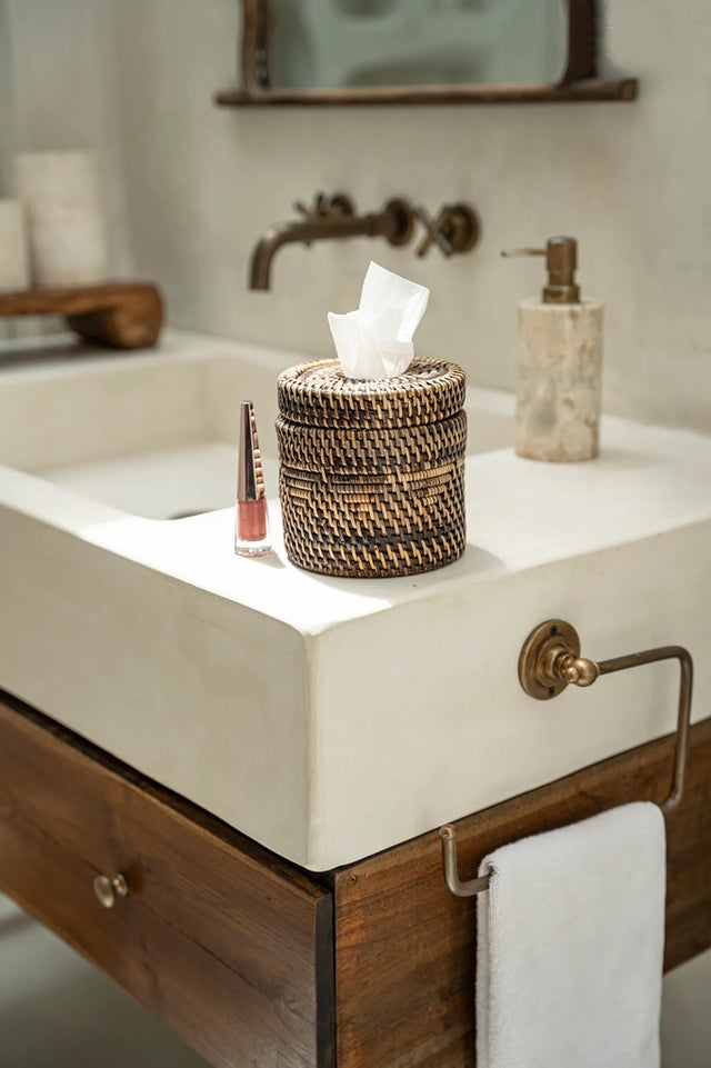Elegant Colonial Handwoven Rattan Tissue Holder placed on a desk, blending seamlessly with modern and classic decor.