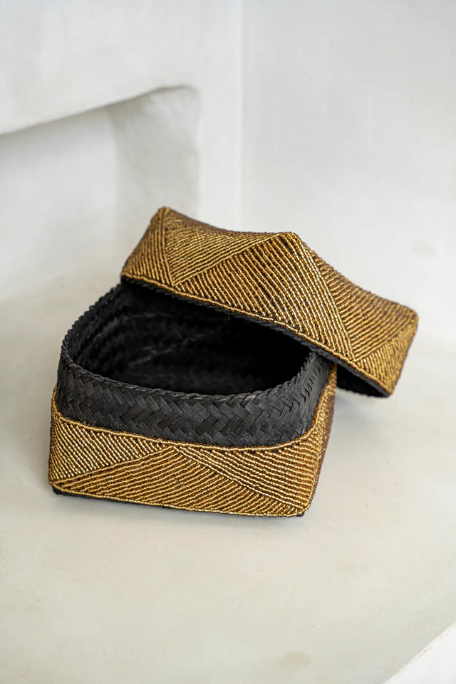 Traditional Balinese Bead Offering Boxes, handcrafted with bamboo and beads, ideal for modern home decor with a cultural twist
